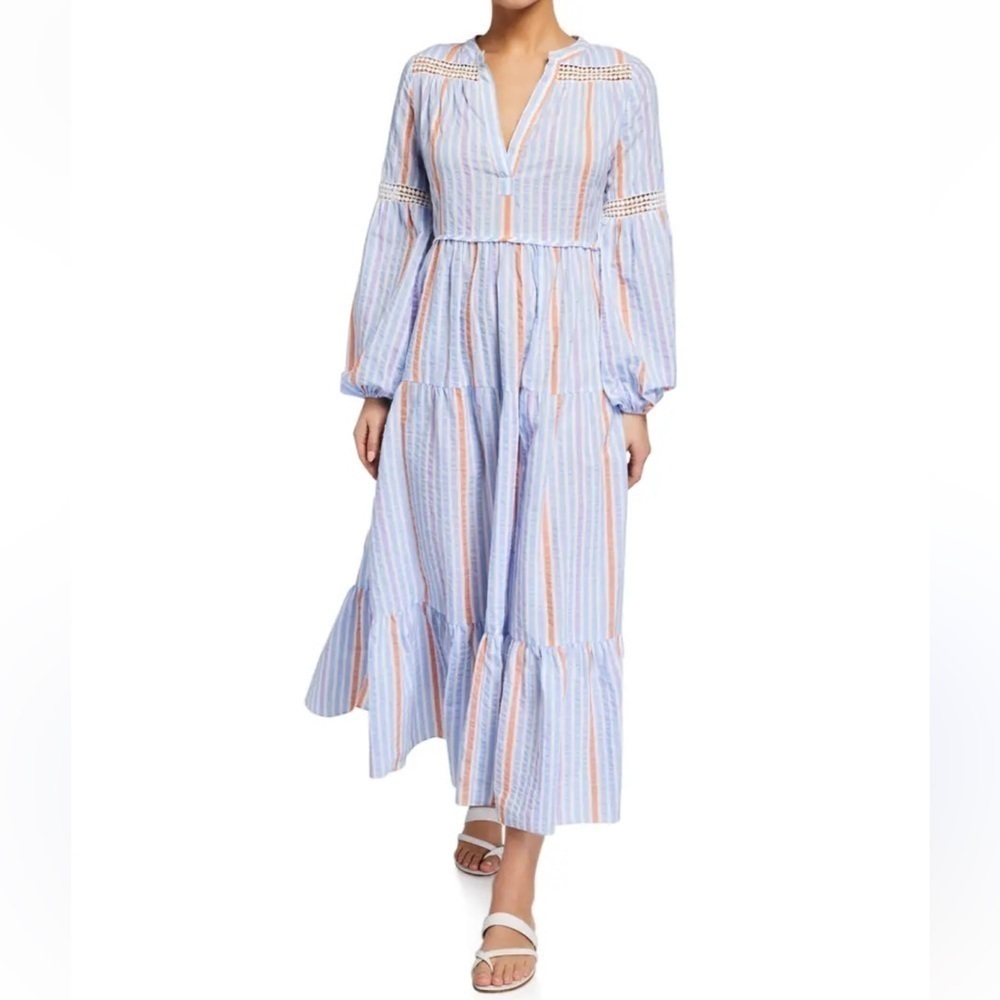 Lemlem Bahiri Blue Striped Long Sleeve Peasant Maxi Dress Size Medium